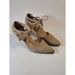 Fioni Women's Suede Beige Strappy Lace Up Pointed Toe Kitten Heel Pumps Size 7